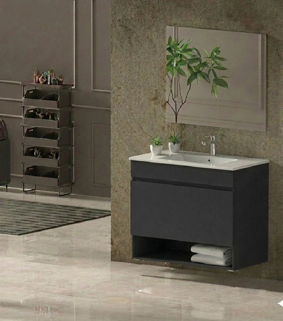 Mobile Bagno NEBARI Già Montato 1 cassetto, lavabo e specchio Grafite 90x45 cm