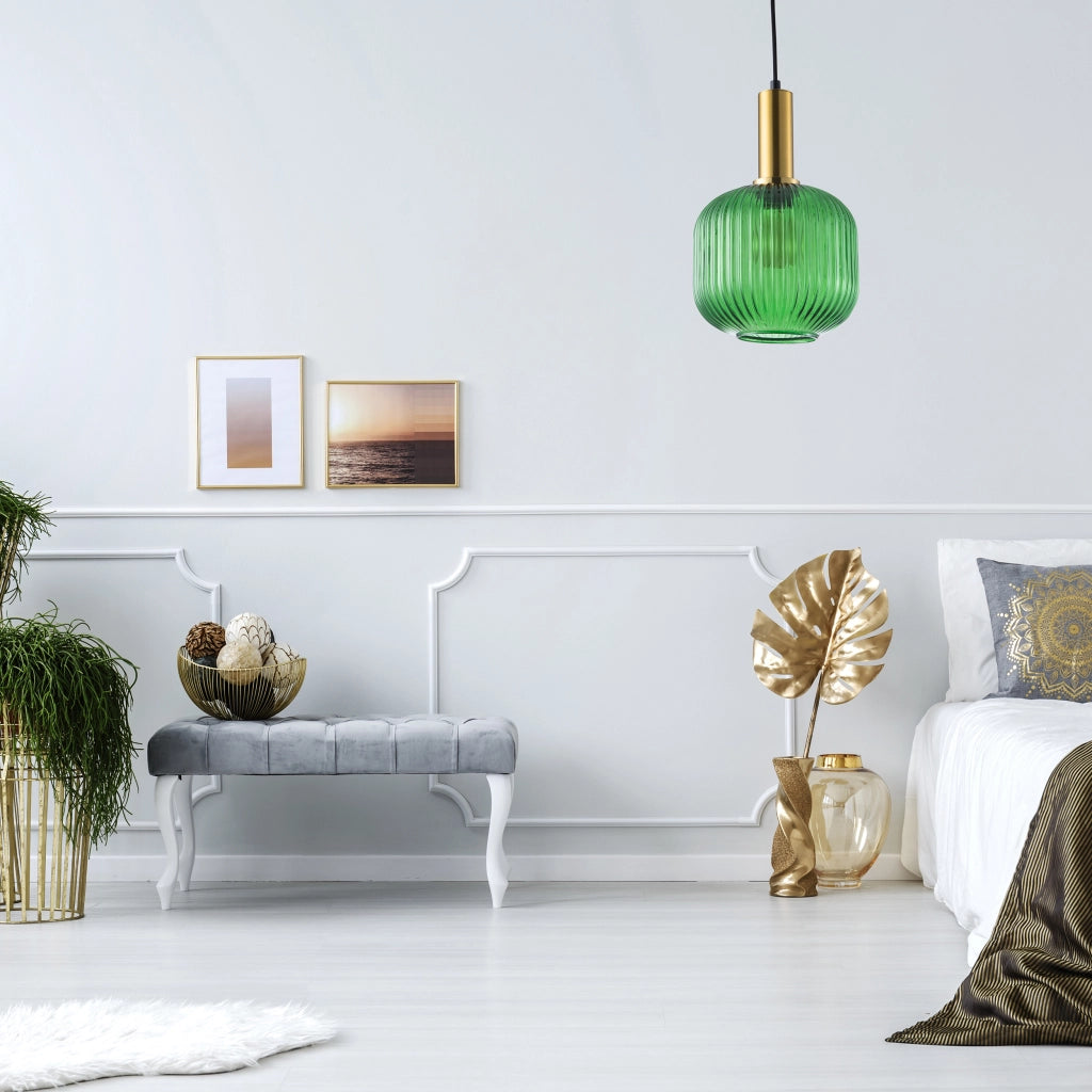 Lampada a sospensione Cumbria vetro verde oro E27 Polux
