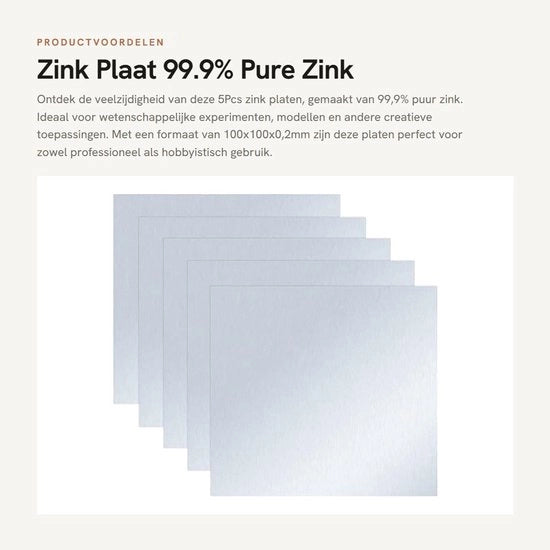 Pannello di Zinco - 99,9% Puro Zinco - Ideale per Utilizzo Scientifico - 100x100x0,2mm - Alta Qualità Foglio Metallico - Set di 5 Pannelli