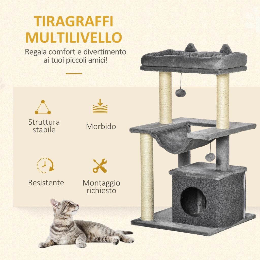 Tiragraffi per Gatti con Casetta e Amaca ¨C Minimal ¨C Grigio 100cm