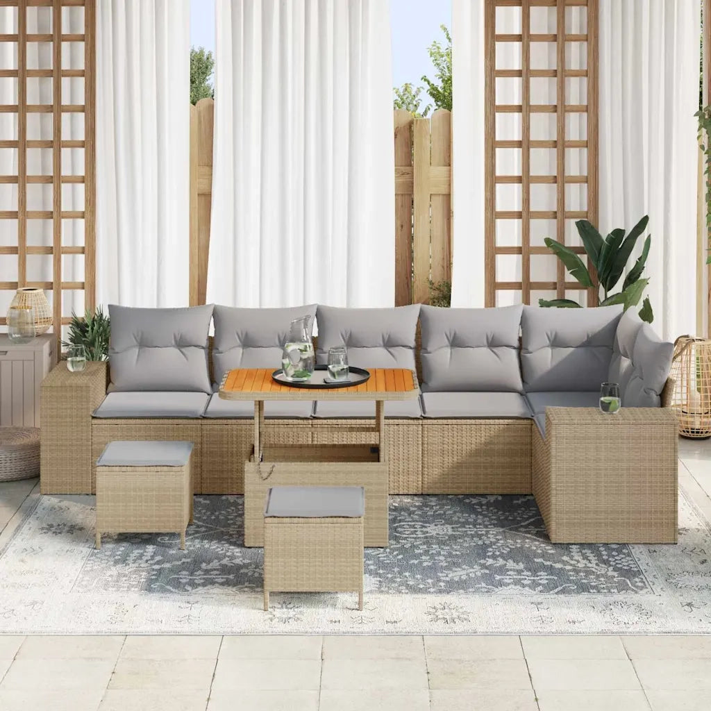 Set Divano da Giardino con cuscino 9 pcs Beige polyrattan