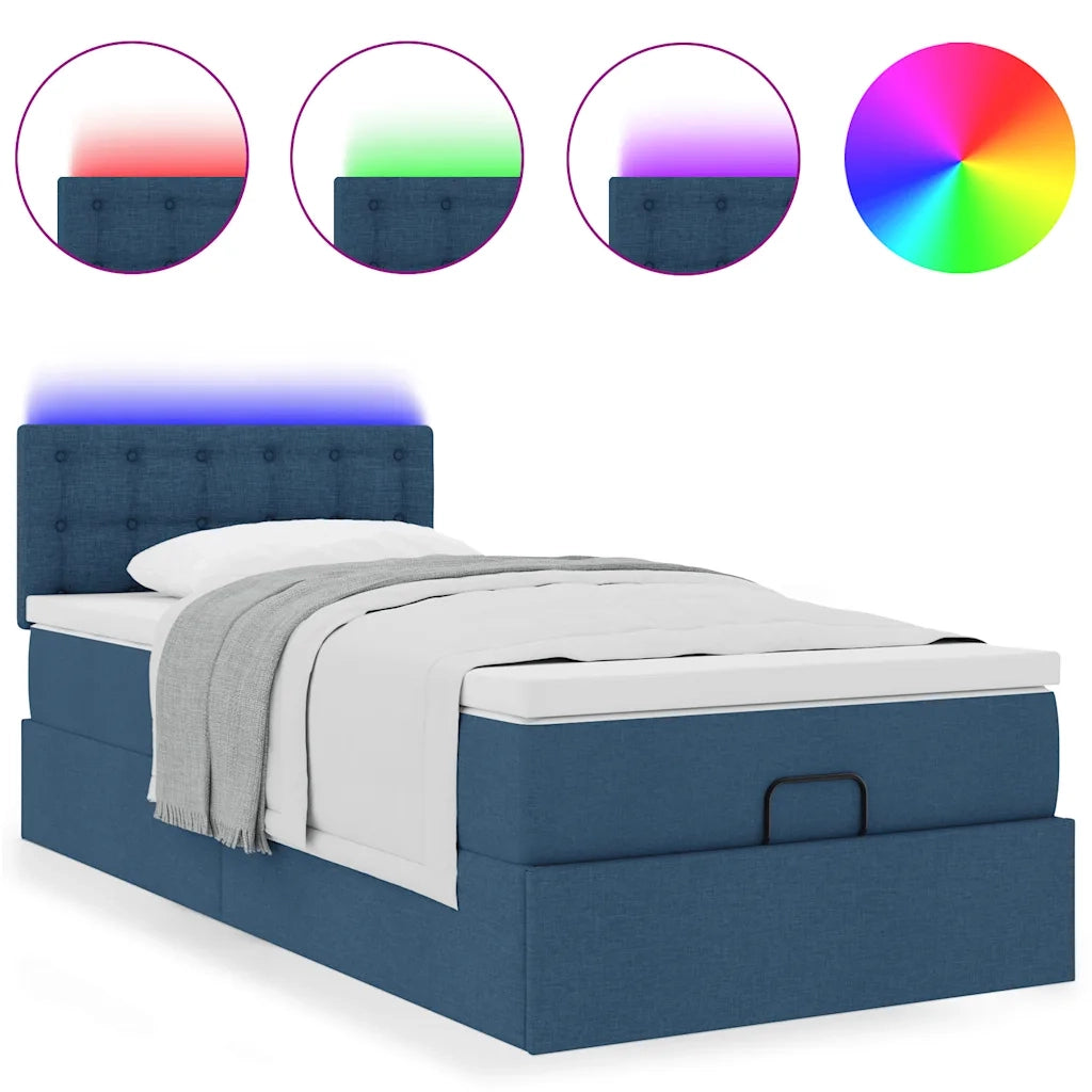 Pouf Letto con Materasso e LED Blu 90x200 cm in Tessuto