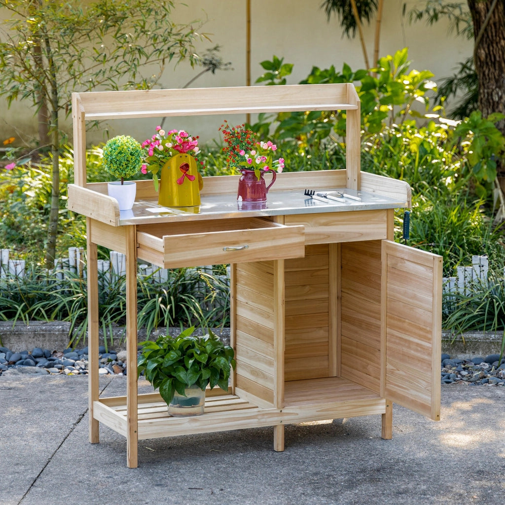 Tavolo da giardino in legno con 2 ripiani, cassetto e armadietto ¨C Minimal ¨C 90x60x80 cm