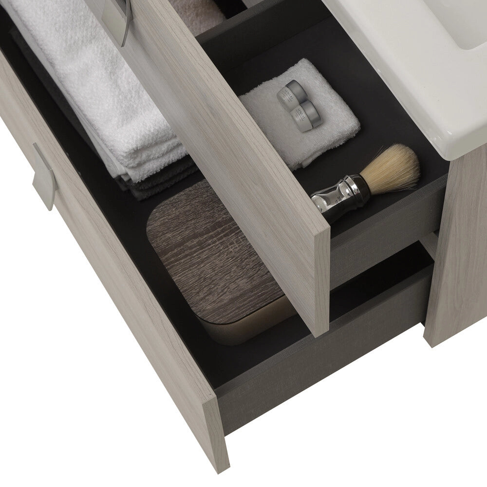 Mobile bagno sospeso 80 cm in rovere grigio con lavabo e specchio tondo Bravo