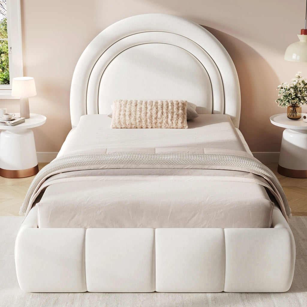 Letto imbottito per bambini 90x200 cm con rete a doghe, contenitore salvaspazio, velluto beige