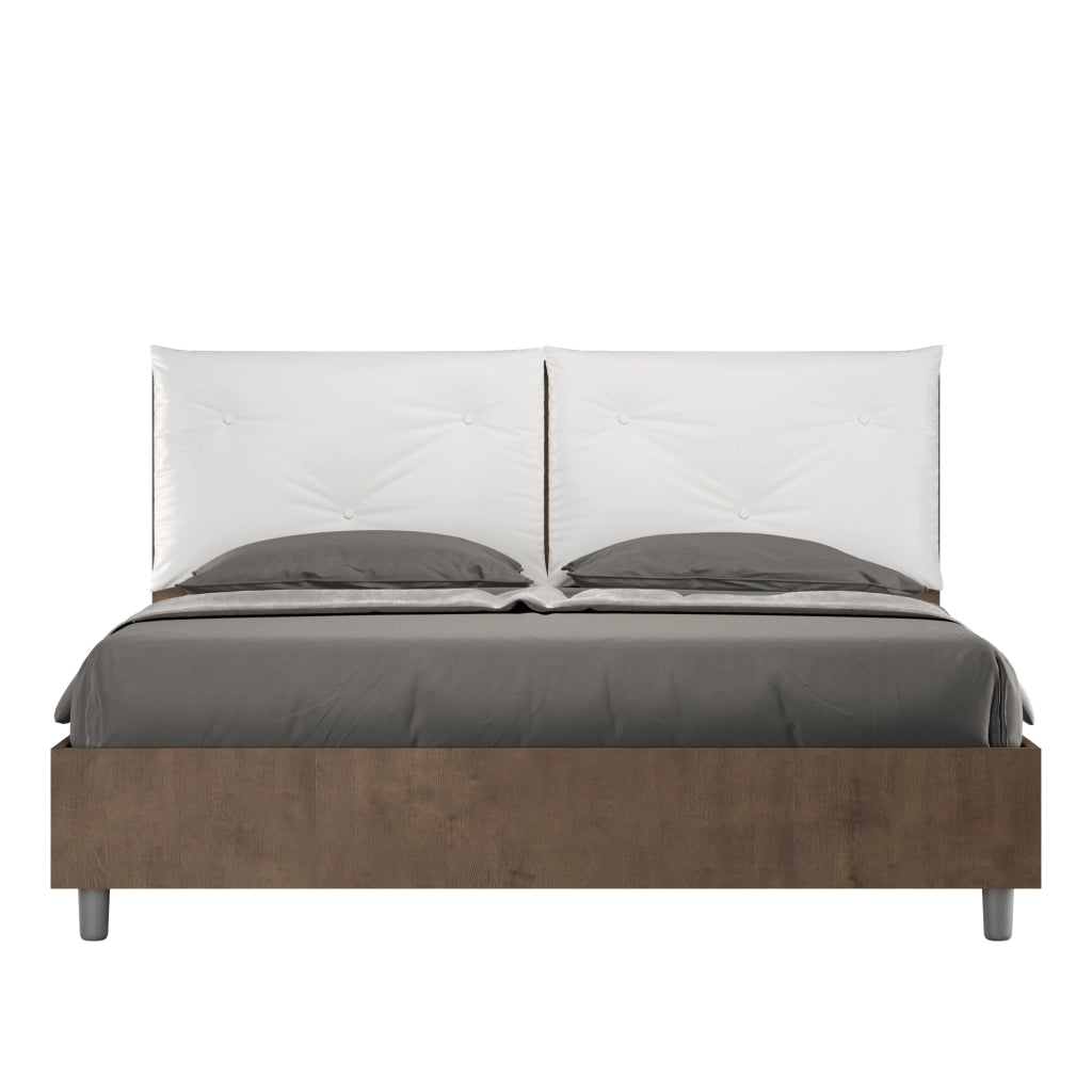 BS COM Letto matrimoniale con rete 160x190 Noce cuscini similpelle bianco