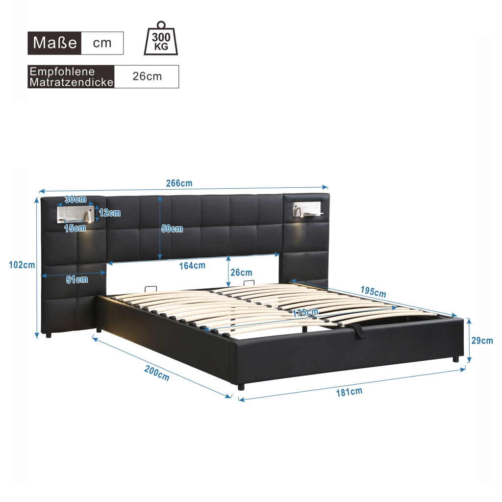 LETTO Imbottito 180 x 200 cm PU Nero con USB, ricarica wireless e luce