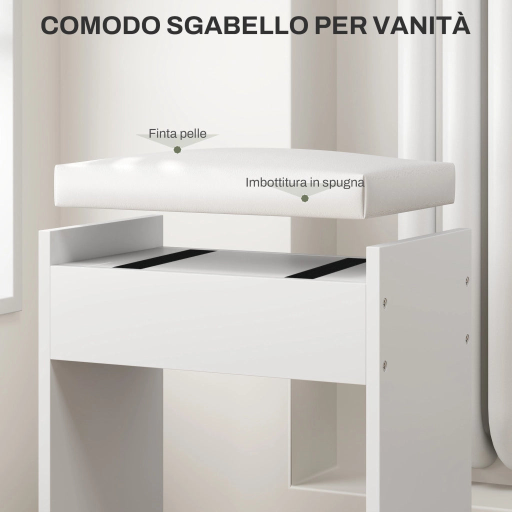 Consolle Trucco con Specchio 5 Cassetti e Sgabello 97,2x44,5x136,5 cm Bianco