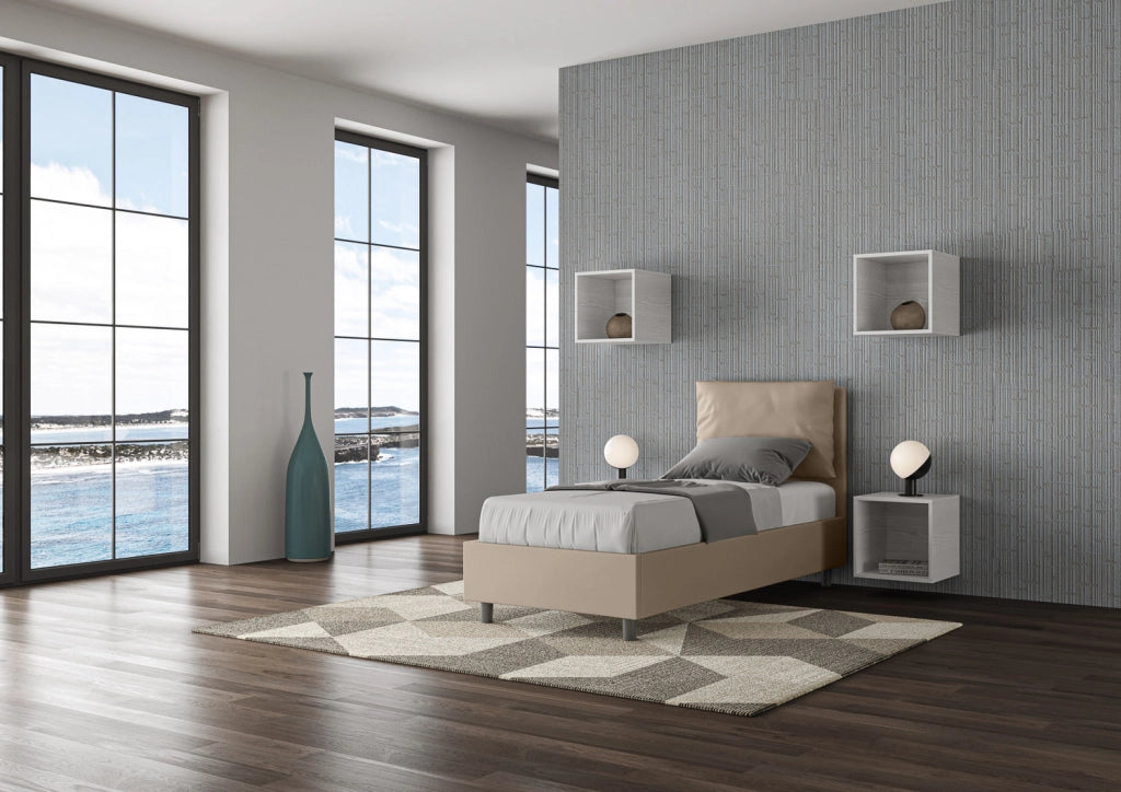 BS COM Letto singolo con rete imbottito 80x200 similpelle tortora