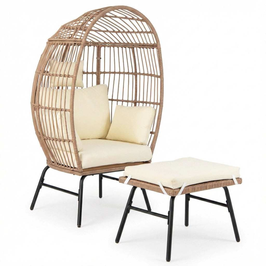 Poltrona uovo rattan pe vimini cuscini comodi poggiapiedi oversize, Poltrona salotto interni esterni balcone bordo piscina veranda