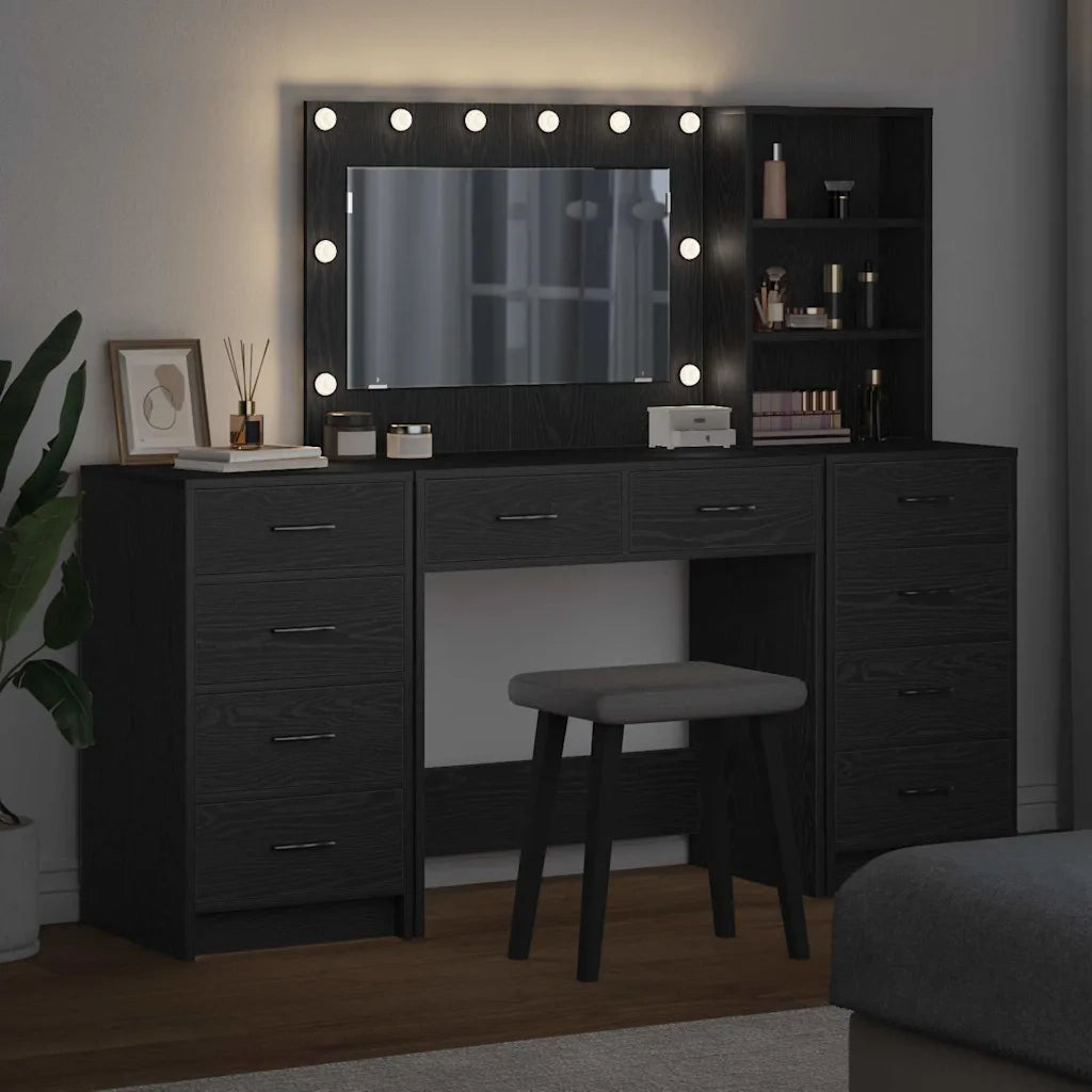 Toeletta | Tavolo da Trucco 3 pz Rovere Nero Legno multistrato