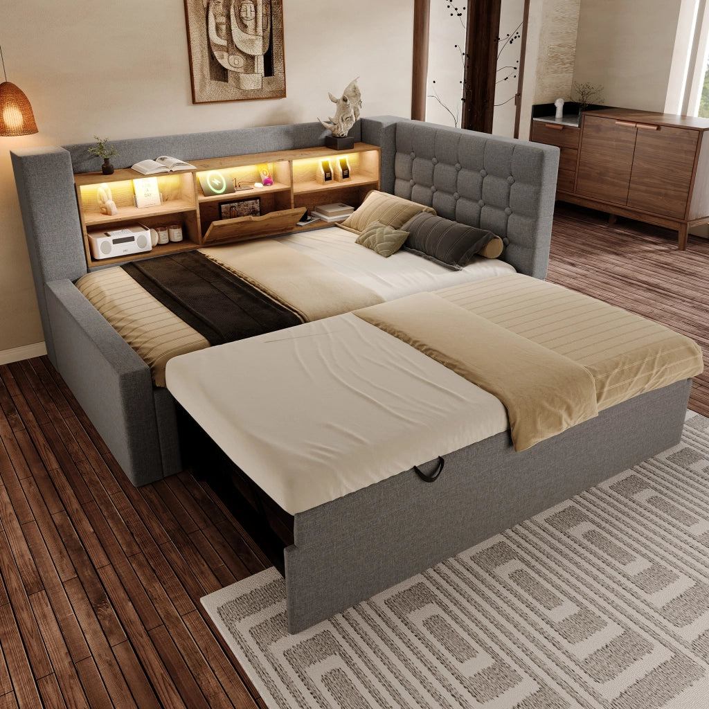 LETTO estraibile 90x200 cm in lino grigio con LED e porte USB