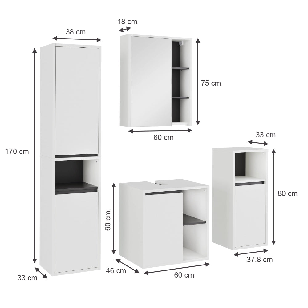 Vicco Set di mobili da bagno Bianco/Grigio 4 parti