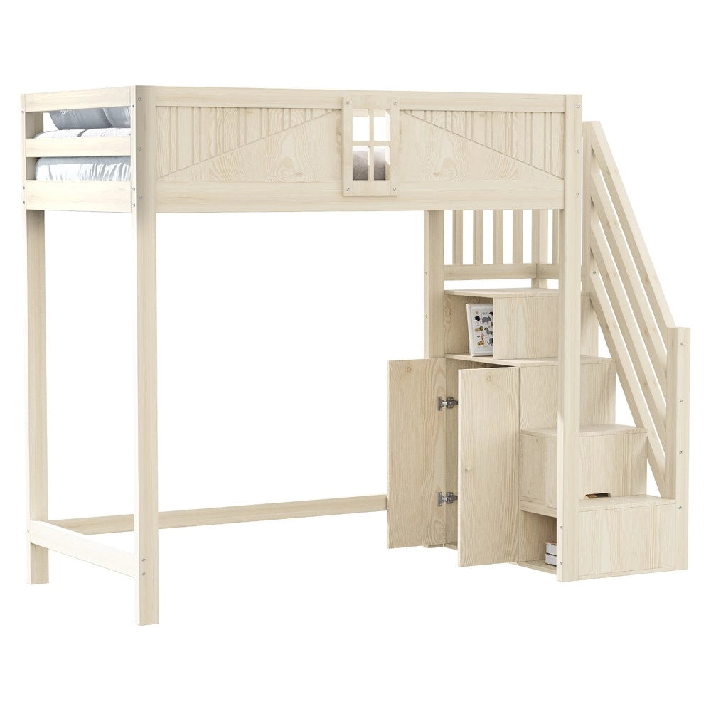 Letto a Soppalco in Legno Massello con Porta e Scala ¨C MINIMAL ¨C 90x200 cm