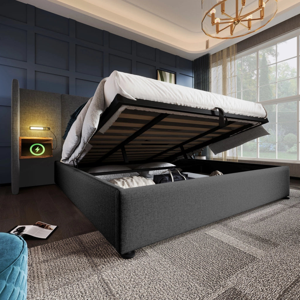 LETTO Contenitore 180x200 cm Grigio in Lino con USB e Lampada da Lettura