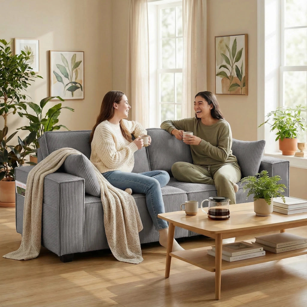 Divano 3 posti 218 cm ¨C Xylo ¨C Tessuto velluto grigio chiaro con cuscini