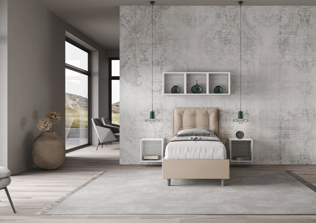 BS COM Letto singolo con rete imbottito 80x210 similpelle tortora