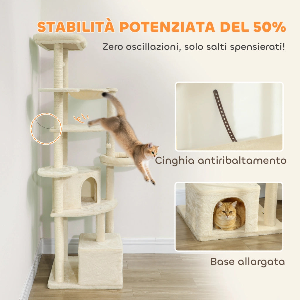 Tiragraffi per gatti multilivello 200cm ¨C Xylo ¨C con 2 casette, 2 lettini e amaca, beige