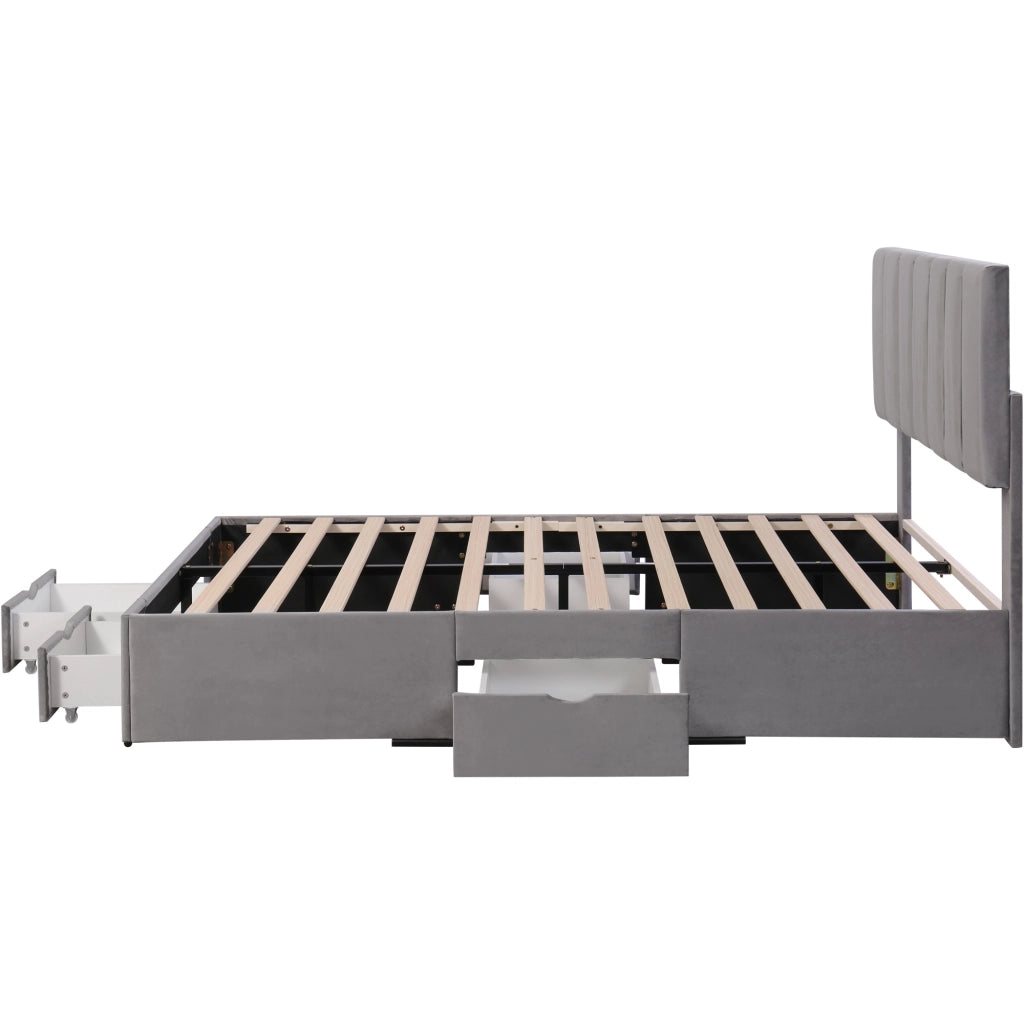 LETTO Imbottito 140x200 cm in velluto grigio con 4 cassetti