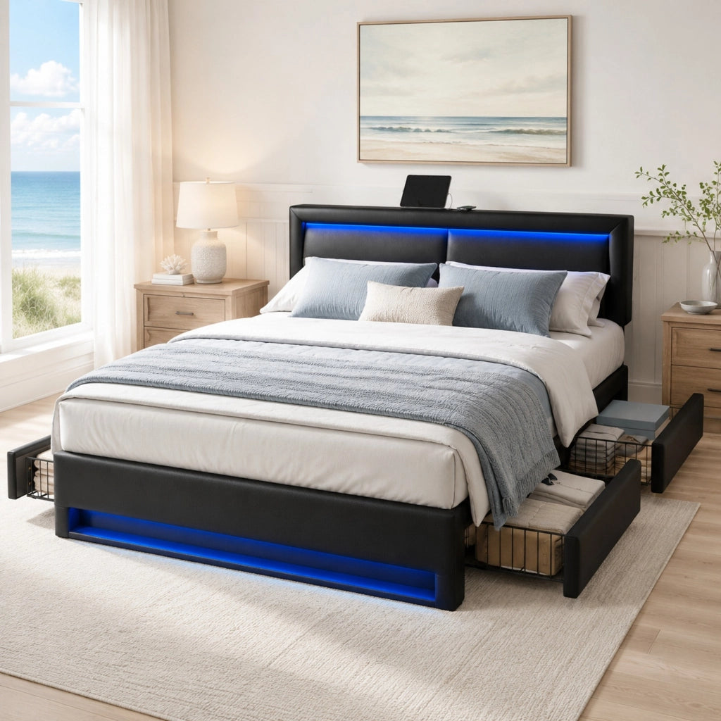 LETTO imbottito 140x200 cm PU nero con USB, LED e 4 cassetti
