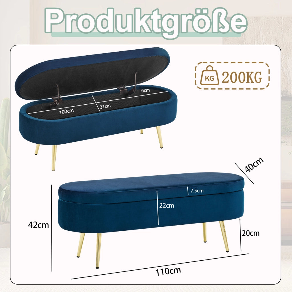 Panca contenitore con Cerniera idraulica e Gambe in metallo in Velluto Blu 111×41.5×24 cm