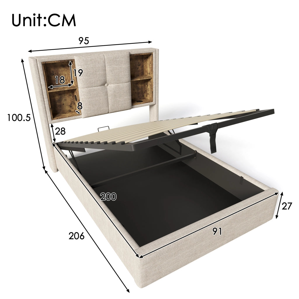 LETTO imbottito con ricarica wireless e USB 90x200 cm Lino Naturale