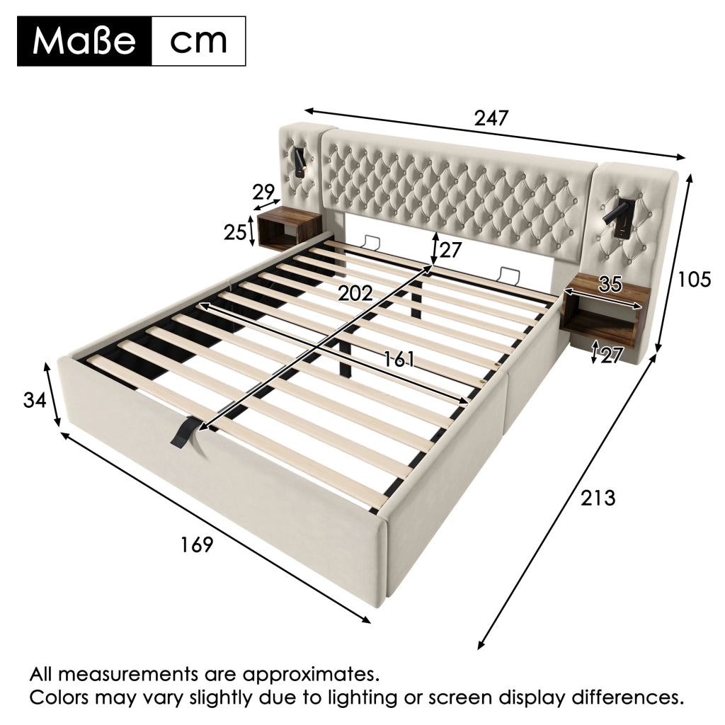 LETTO Contenitore 160x200 cm in Velluto Beige con 2 Comodini e Luci USB