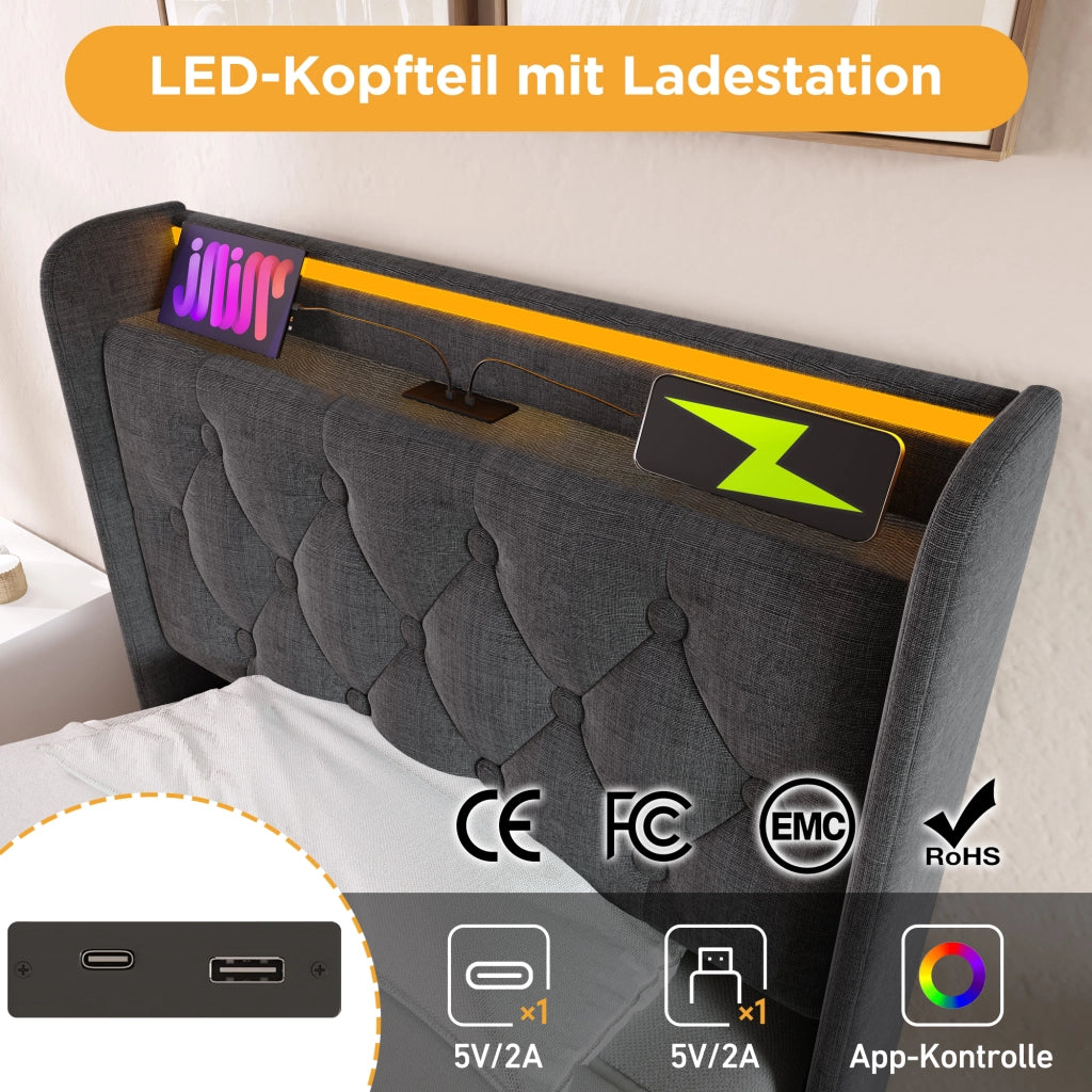 LETTO Singolo 90x200 cm Grigio in Lino con LED 360° e ricarica USB Type-C