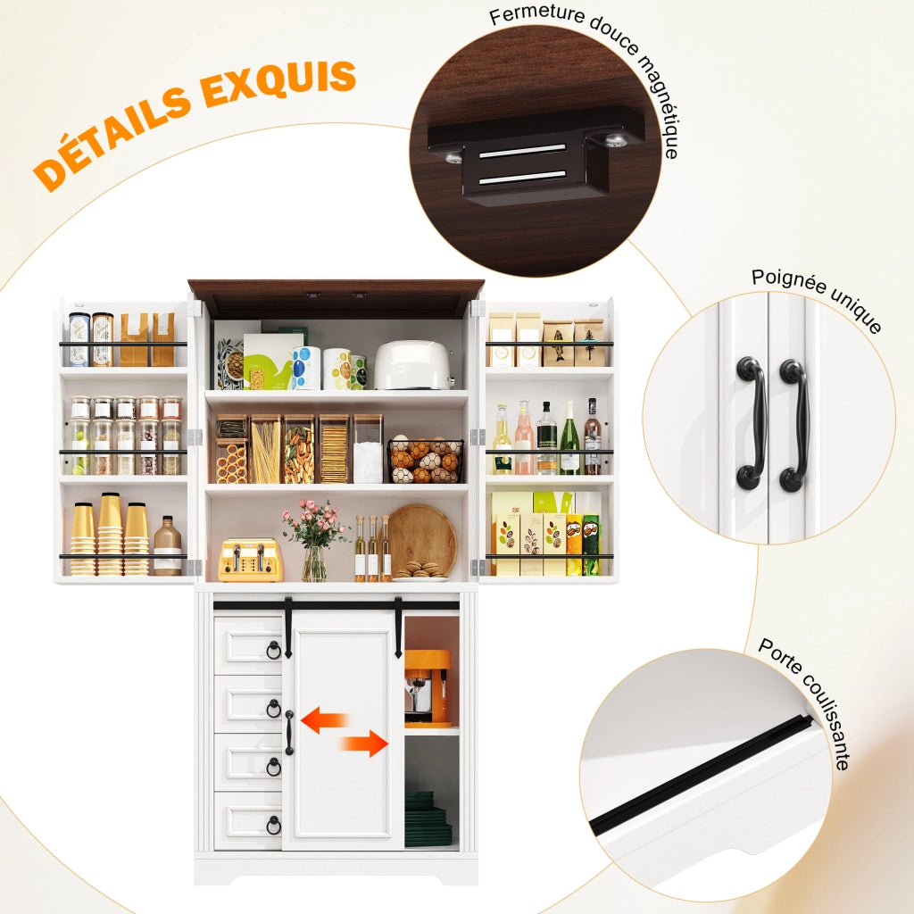Colonna da cucina con 4 cassetti, ripiani regolabili e soft-close, mensola laterale, per cucina, bianco, 80 × 39,8 × 180 cm