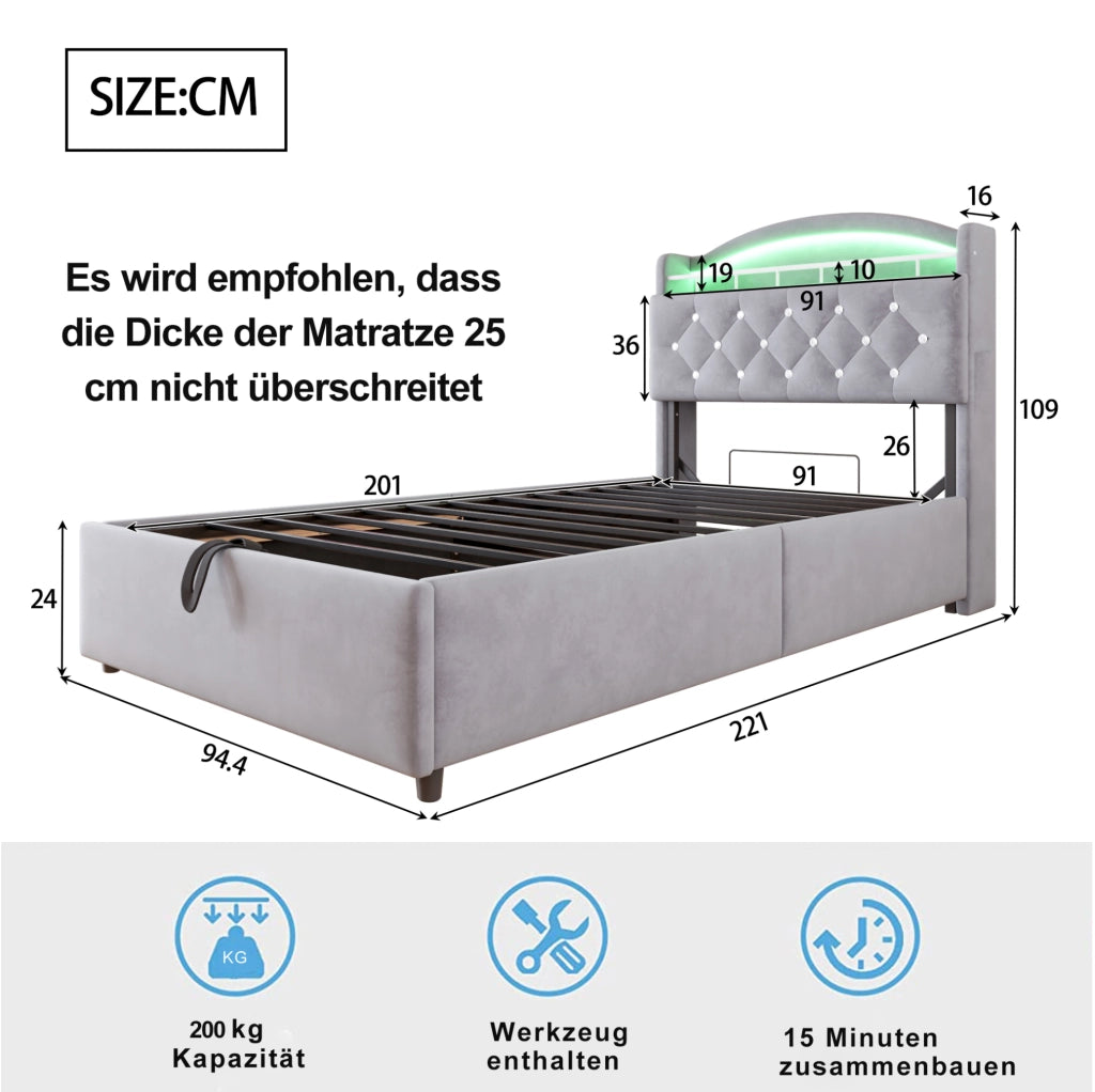 Letto imbottito per bambini 90x200 con contenitore, LED e USB