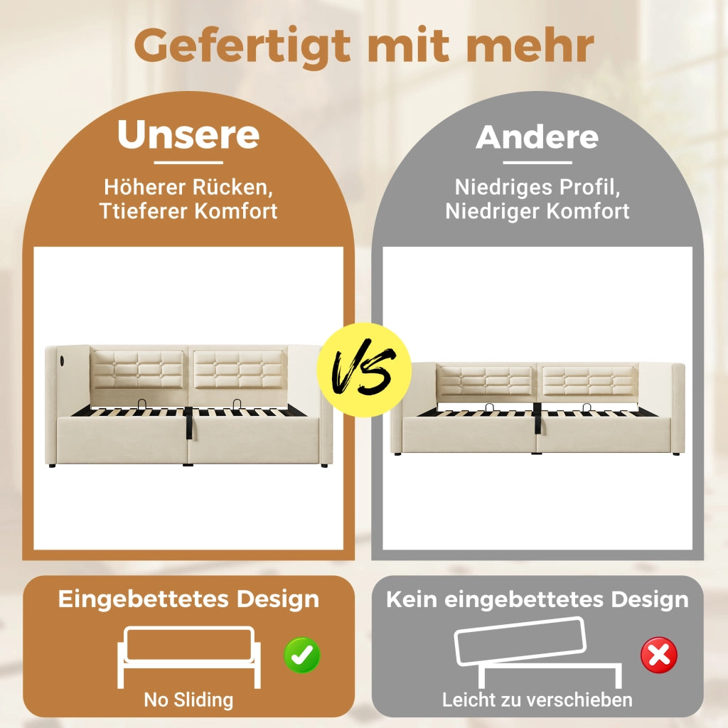 DIVANO LETTO 90x200 cm con vano contenitore, USB e Type-C Beige in velluto