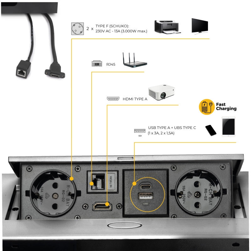 Multiconnettore con coperchio scorrevole Vertikal Flat 60, diametro 60 mm, 1 presa Schuko, 1 USB Tipo A, 1 USB Tipo C,..