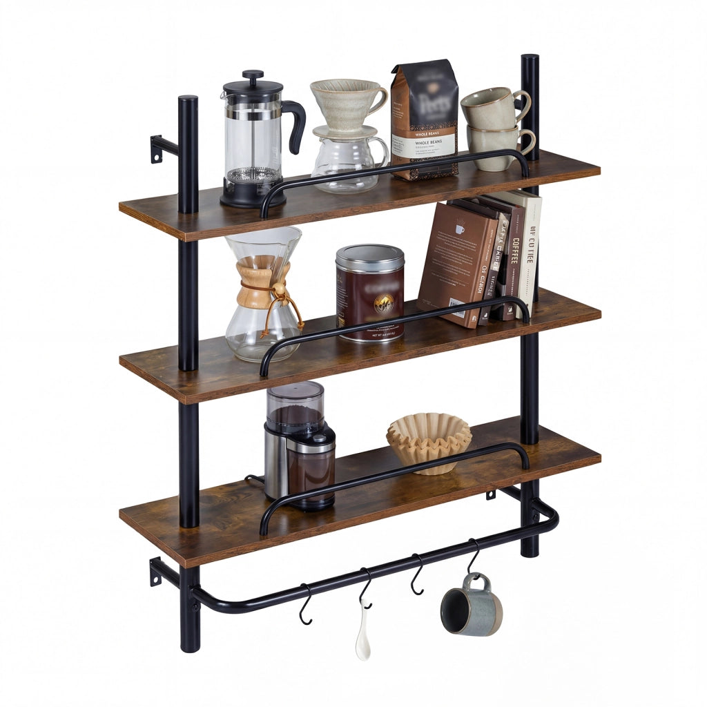 Mensola da parete industriale a 3 livelli con 4 ganci a s per riporre e esporre oggetti, Scaffalatura moderna per la casa 80,5x24x97 cm