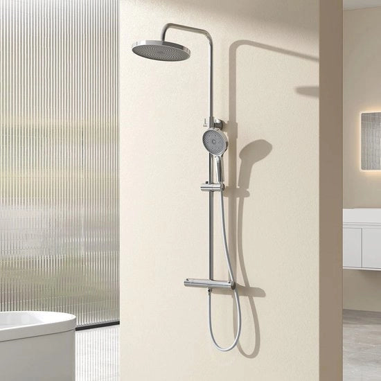 Set di doccia termostatica con doccia a getto orizzontale e doccia manuale - Zona doccia regolabile in altezza, certificato KTW, cromato