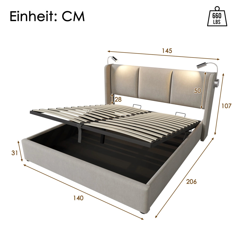 LETTO Contenitore 140x200 cm Beige in lino con luce lettura e ricarica USB