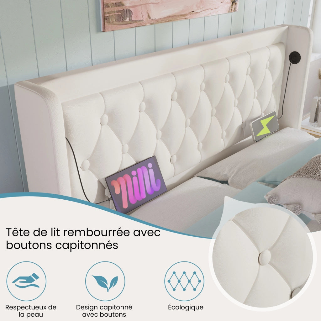 OKWISH Letto Contenitore 140×200 cm, Letto Matrimoniale con Contenitore, USB, Type C e LED Regolabile, senza Materasso, PU, Bianco