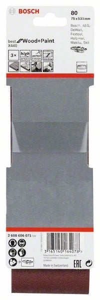 2608606071 - Set di nastri abrasivi da 3 pz. X440 75 x 533 mm, P80, BEST for LEGNO+VERNICE