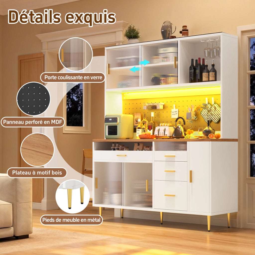 OKWISH Credenza Alta da Cucina con Porta Scorrevole in Vetro, Ripiani Regolabili e LED, MDF, Bianco, 145×39×171 cm