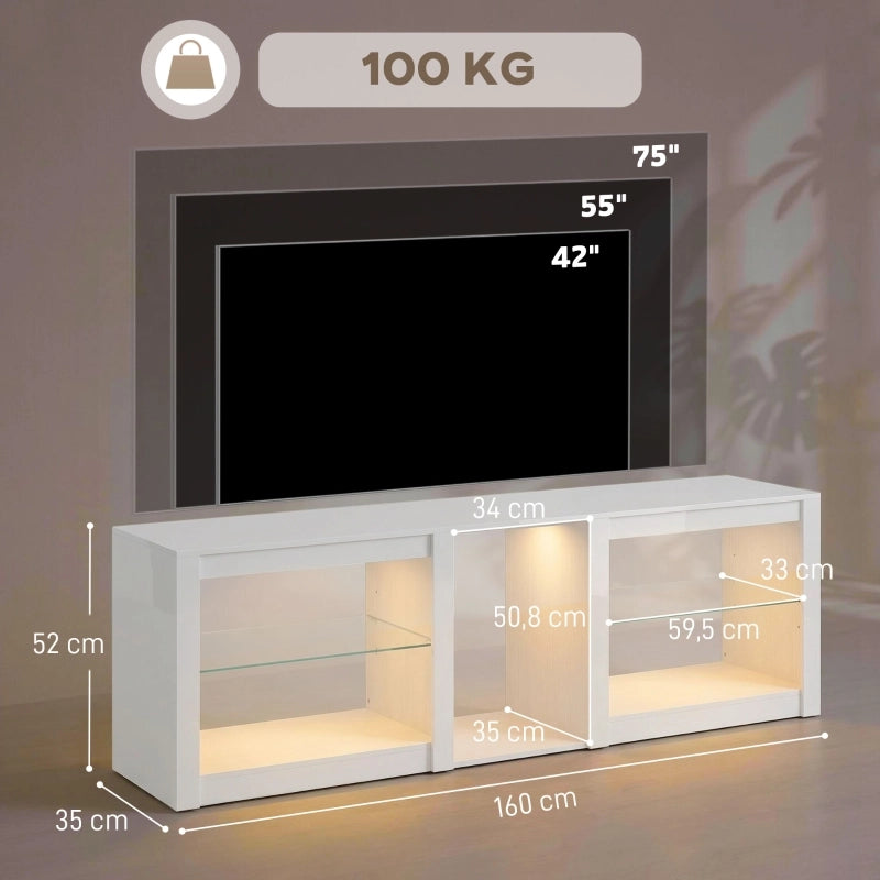 Mobile TV con LED RGB a 7 colori; ripiani in vetro regolabili; bianco; 160 × 35 × 52 cm