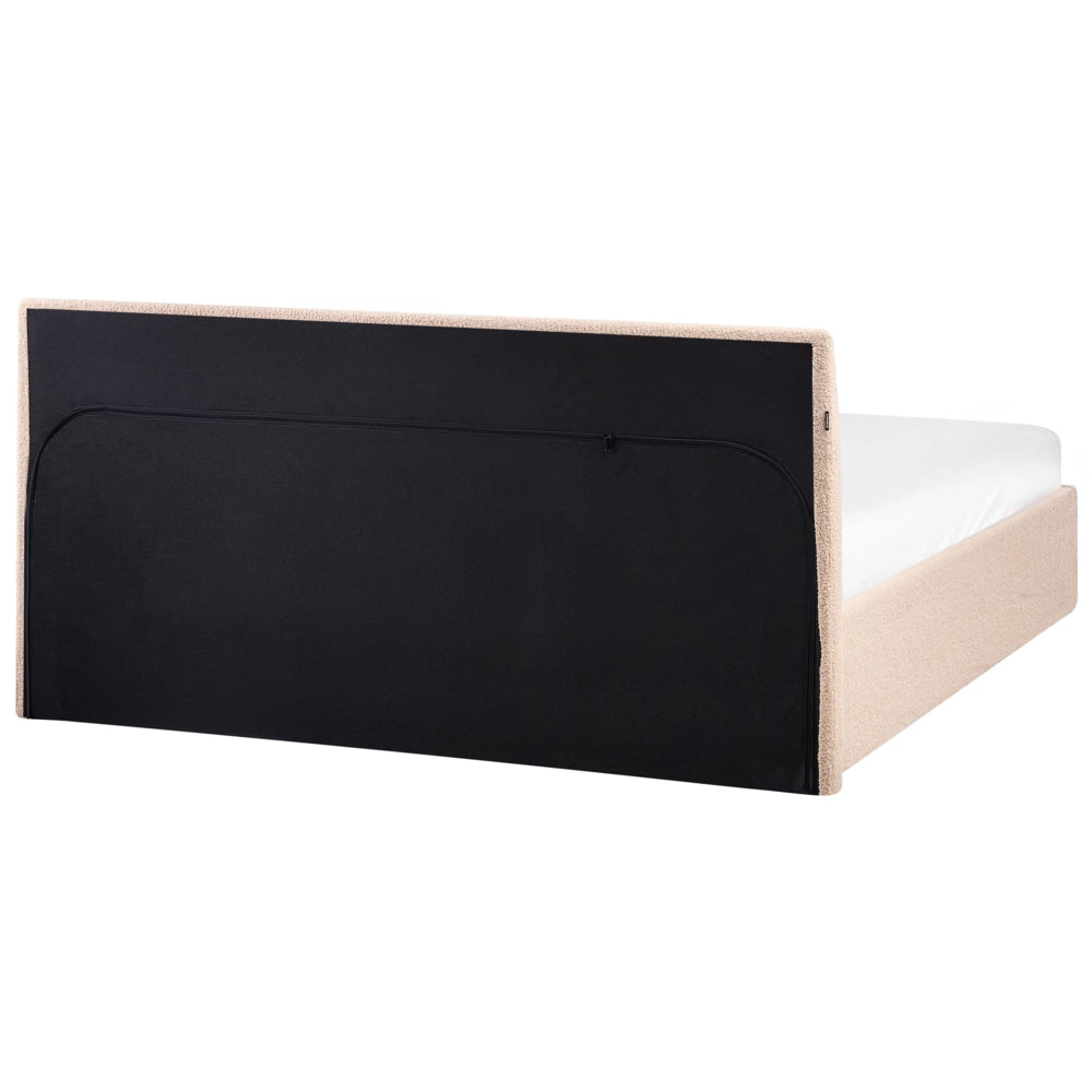 Letto imbottito in bouclé beige 160 x 200 cm con contenitore per testata elevabile