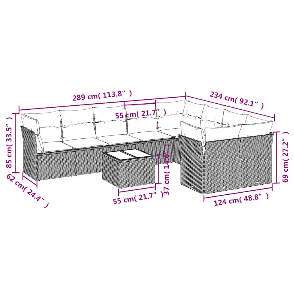 Set Divani da Giardino 10pz con Cuscini in Polyrattan Marrone 3250022