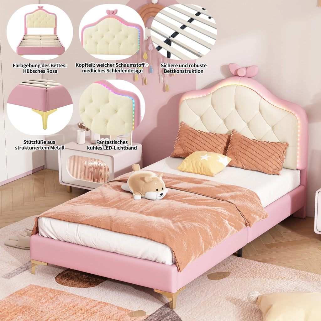 LETTO Imbottito 90x200 cm PU Bianco/Rosa con testiera ondulata e LED