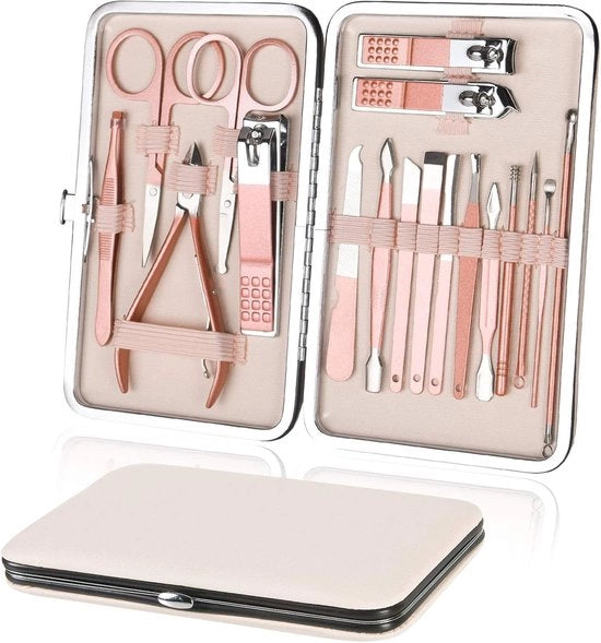 Kit di Manicure e Pedicure Professionale Strumenti per la Curatela delle Unghie 18 pezzi Acciaio Inossidabile Uomo Donna Kit di Grooming con Cassetta in Pelle PU per Viaggi e uso domestico.