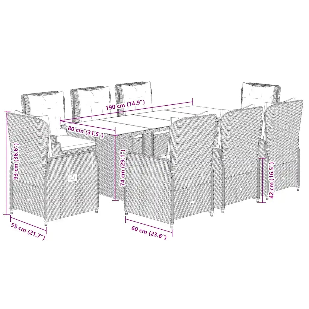 Set da Pranzo da Giardino 9 pz con Cuscini in Polyrattan Grigio 3262786