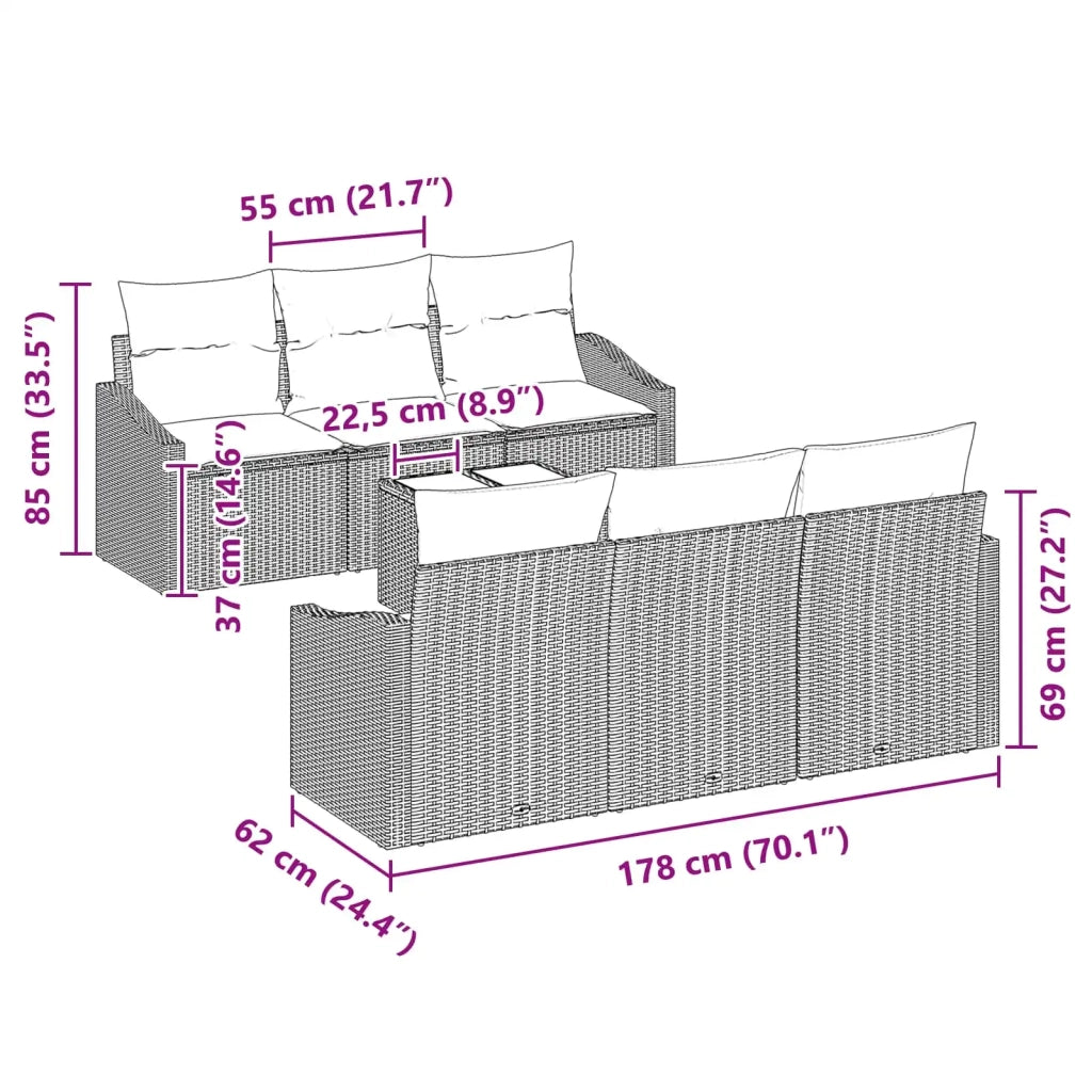 Set di divani 7 pz 3-Numero di posti Marrone e Rosso polyrattan 3346614