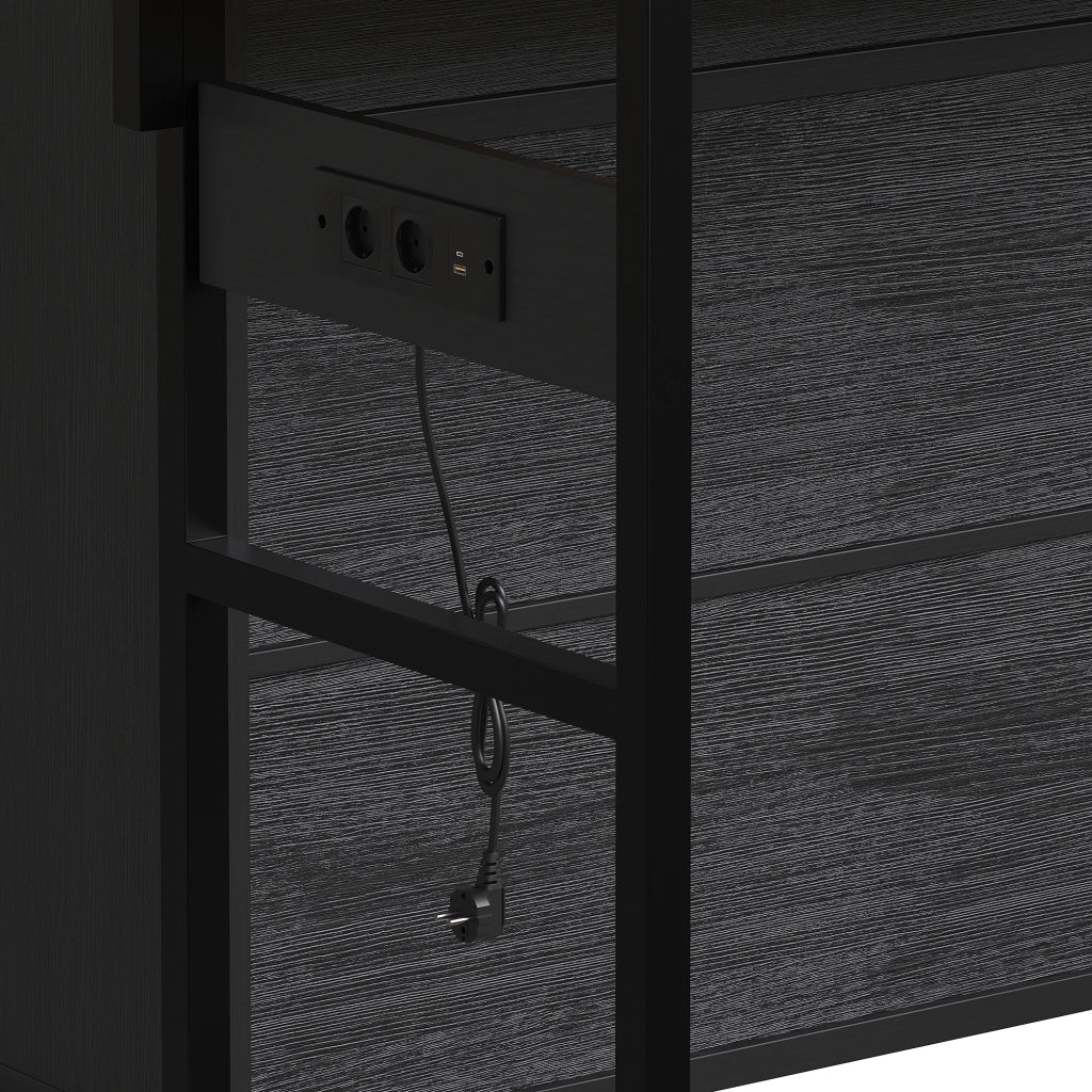Colonna da cucina con prese elettriche, ripiani aperti e ante scorrevoli, MDF e metallo nero 107 × 62 × 183 cm