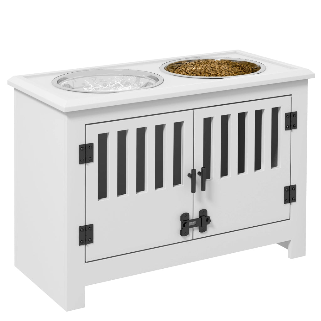 Ciotola Rialzata per Cani Grandi con Vano Contenitore e 2 Ciotole in Acciaio Inox Supporto Bianco Robusto per Casa 35,5x60x30 cm