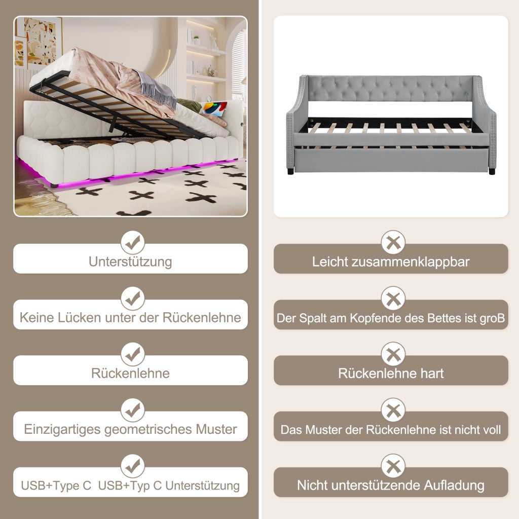 LETTO Contenitore 140x200 cm in velluto bianco con LED, USB e Tipo-C