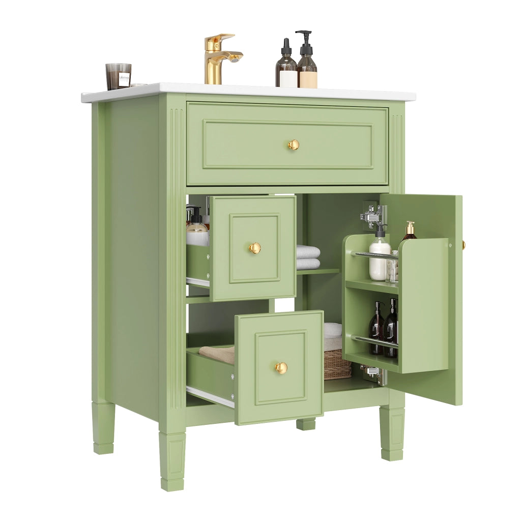Mobile Bagno 61x47x86 cm Verde Lucido con Lavabo Ceramico, 3 Cassetti, Anta Soft-Close, Senza Rubinetto