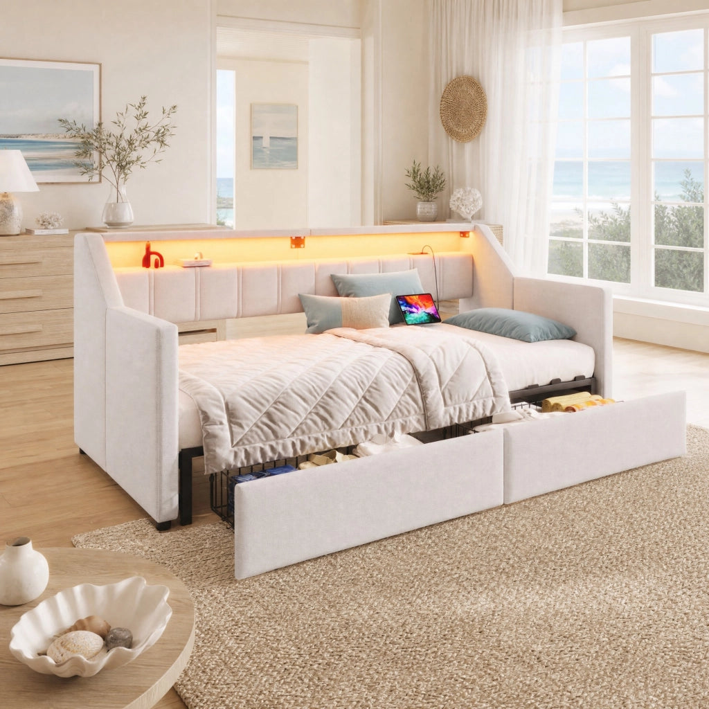Daybed 90 x 200 cm con USB, Type-C, LED e 2 cassetti, beige